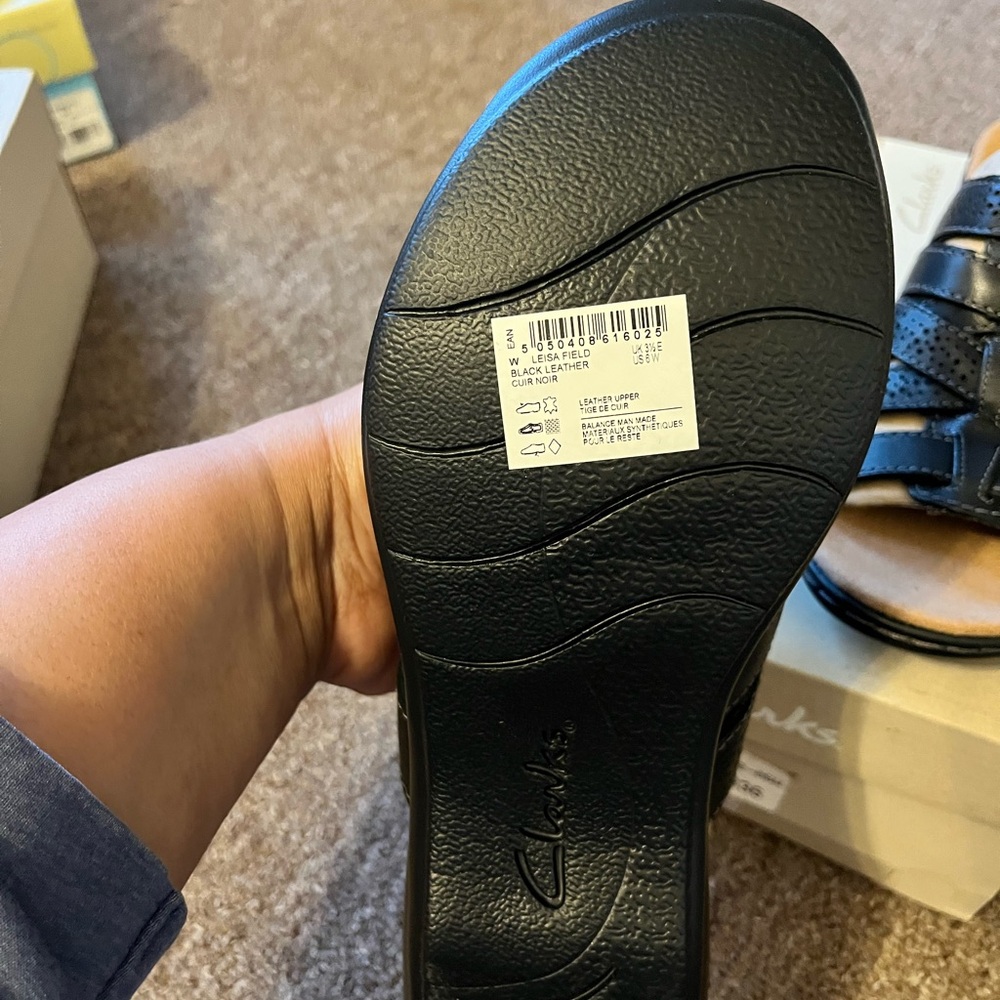 Clarks Black Leather Slip-On Sandals NWT - Picture 2 of 4